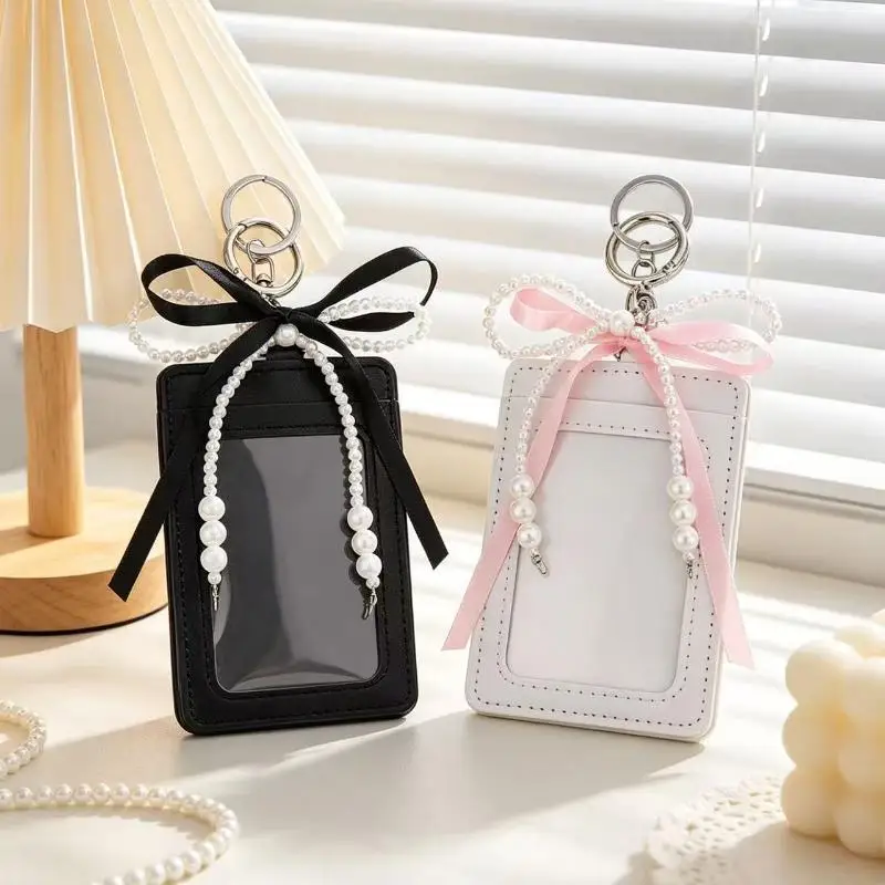 INS Cute PU Photocard Holder Pearl Bow Decor Soft ID Bank Card Protective Cover Girls Daily Case