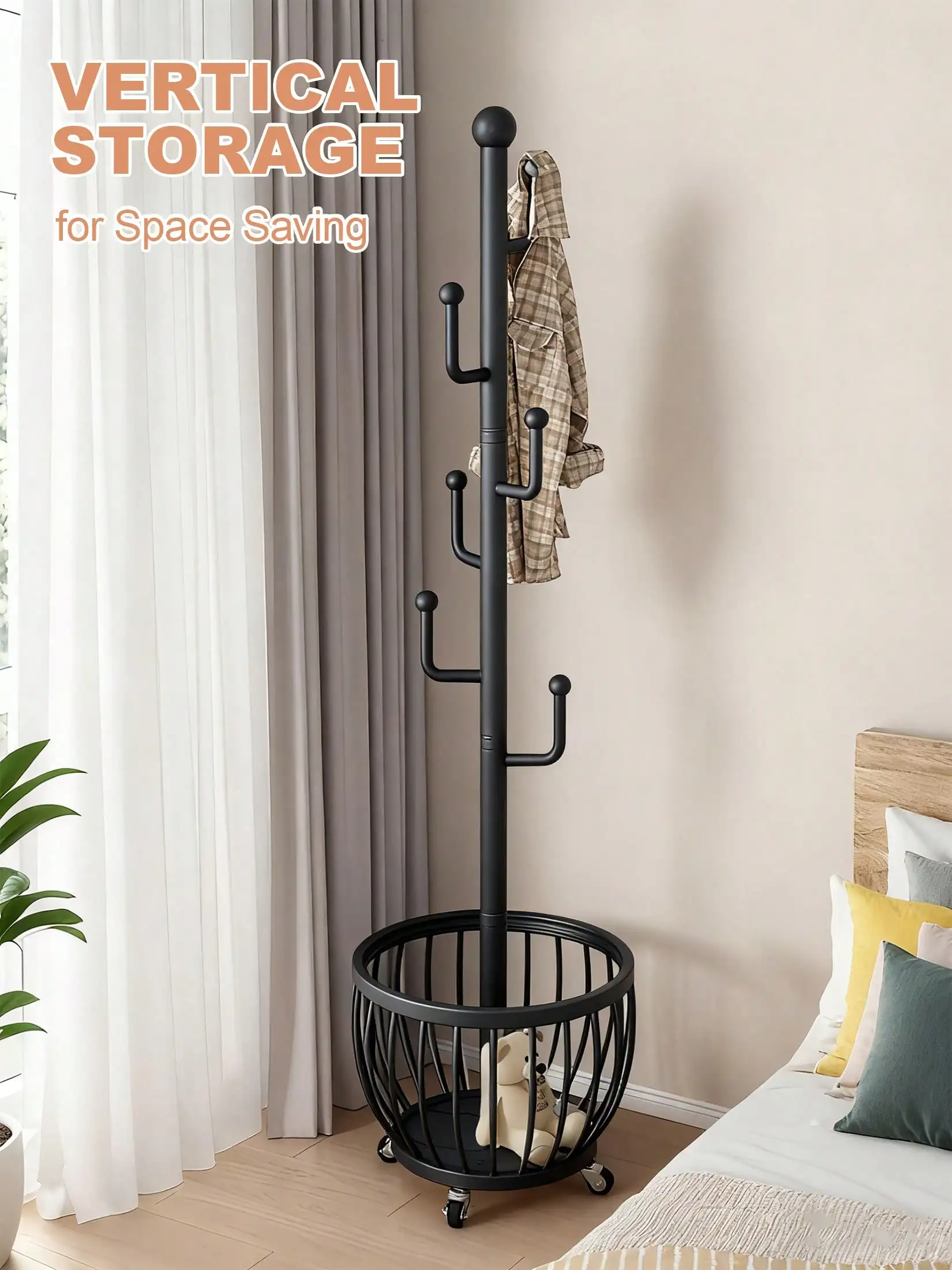 Tree Coat Rack Stand With Clothes Basket, Sturdy Freestanding Coat Rack, Purse Rack Hat Rack Stand, Clothes Rack With Metal Frame, Bedroom Storage Organizeration, Home Decor, Morden Style, Coat Stand Fits Entryway Bedroom Office For Bags, Hats