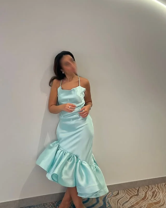 Gorgeous Sain Mermaid Prom Dress Spaghetti Style Ruched Satin High Low Short Evening Gowns Cocktail Party Dress