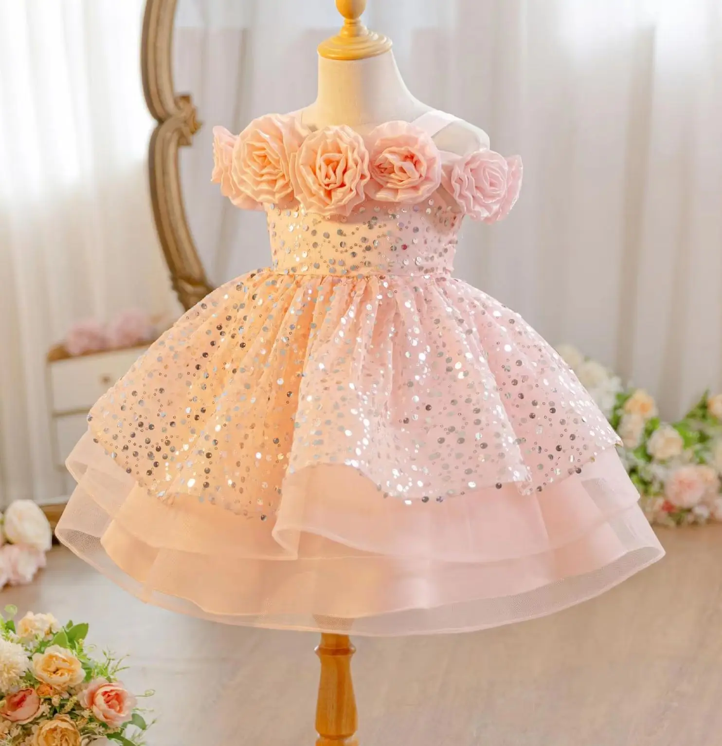 New Flower Girl Party Dress Sequined Girls' Festival Dresses Kid Clothes Princess Ball Gown