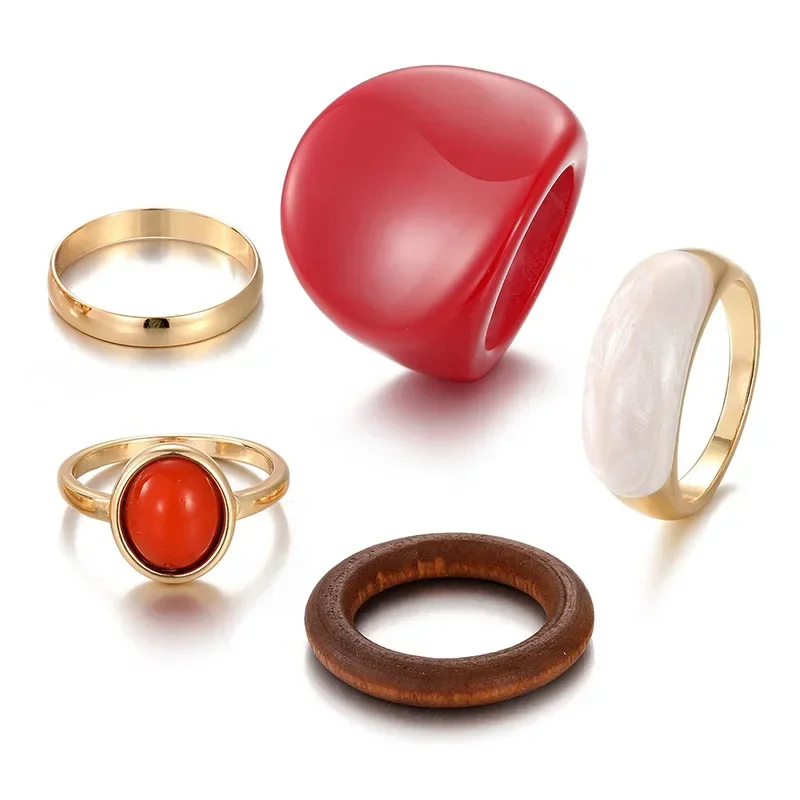 5Pcs Retro Rings Set for Woman Red Green Resin Gold Color Ring Pink Butterfly Flower Enamel Jewelry image 3