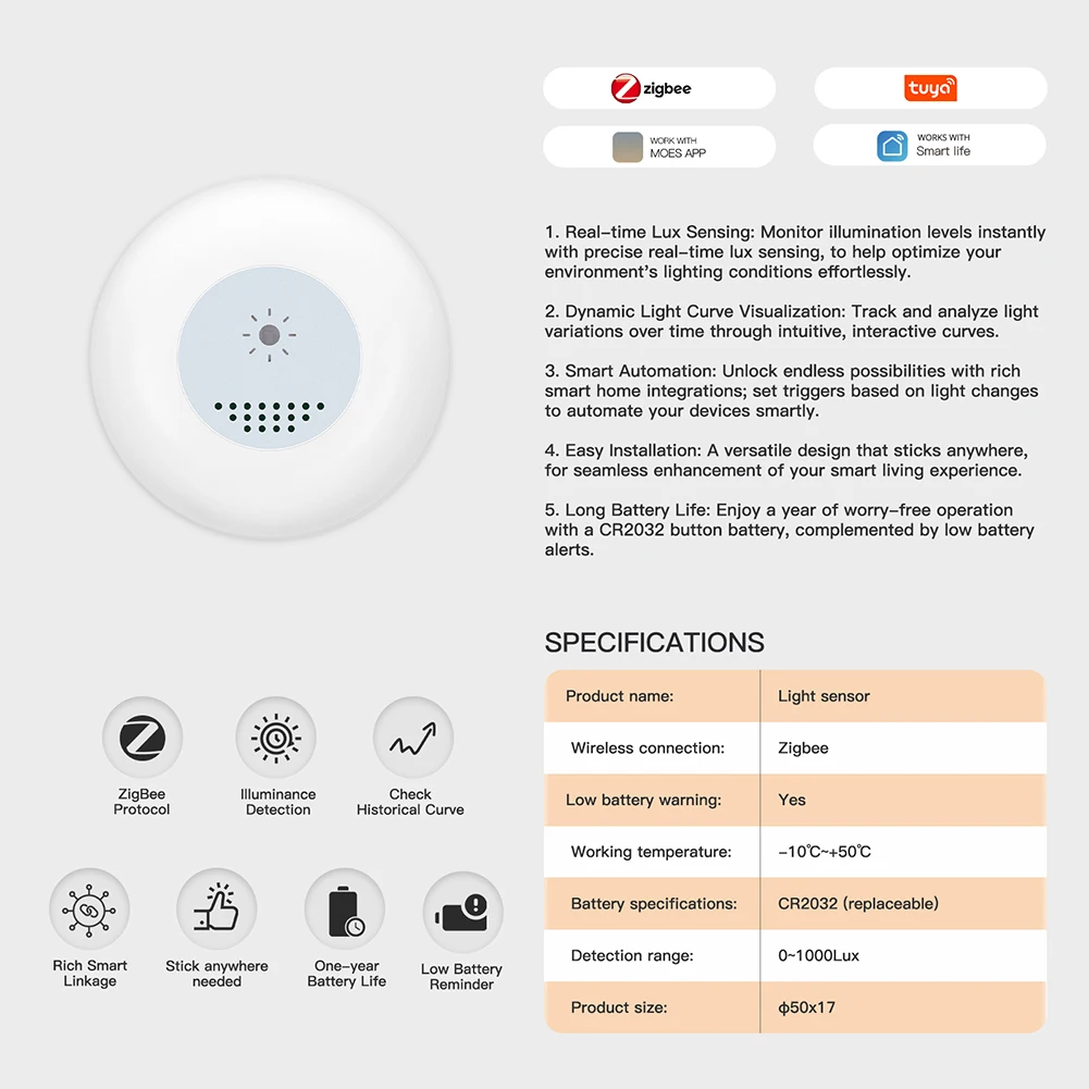 Tuya Zigbee Smart Light Sensor for Home Automation Real Time Illumination Detection and APP Control