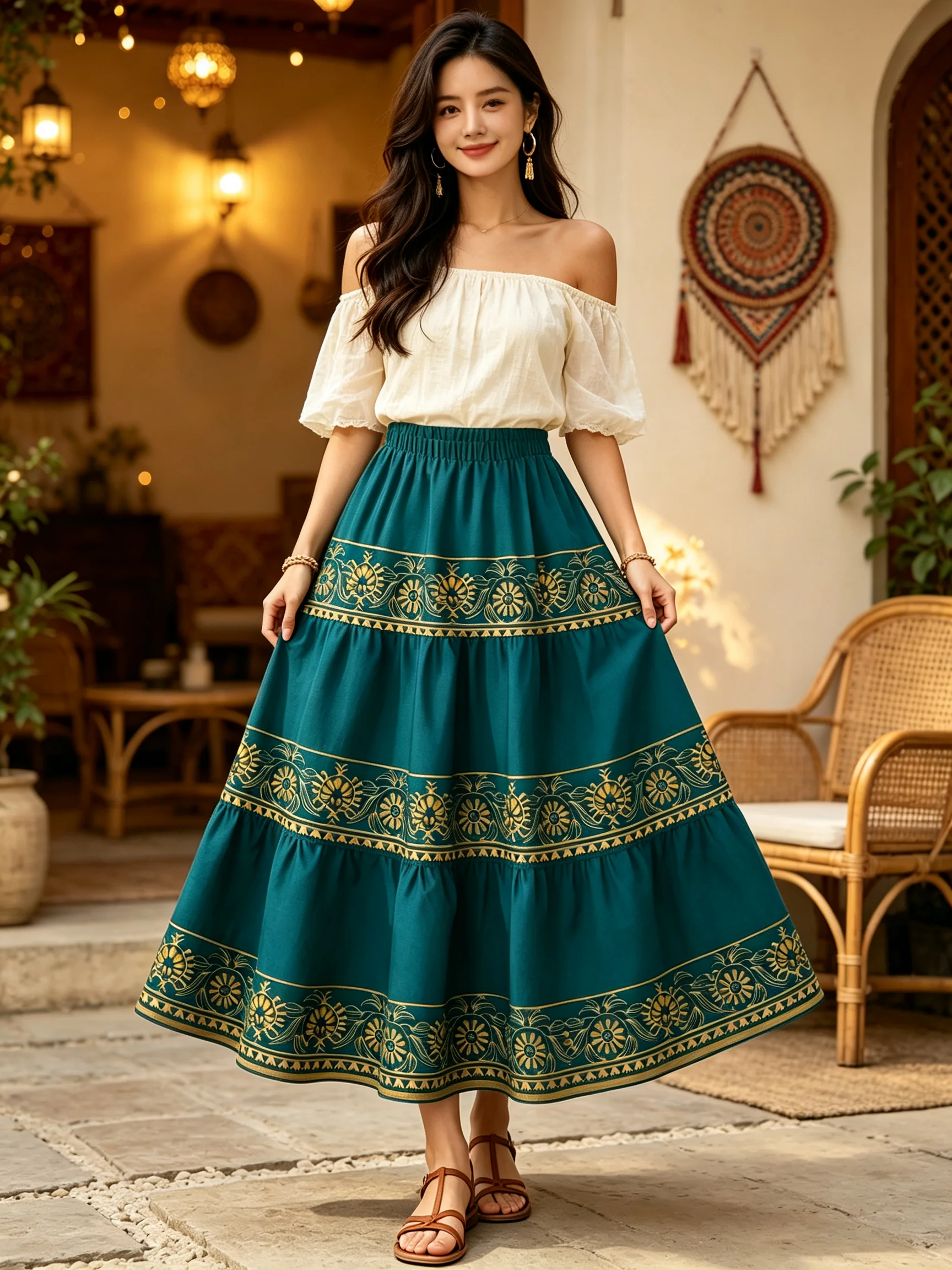 Vintage Bohemian Tiered Long Skirt Women Ethnic Border Floral Print Elastic Waist A‑Line Maxi Skirt