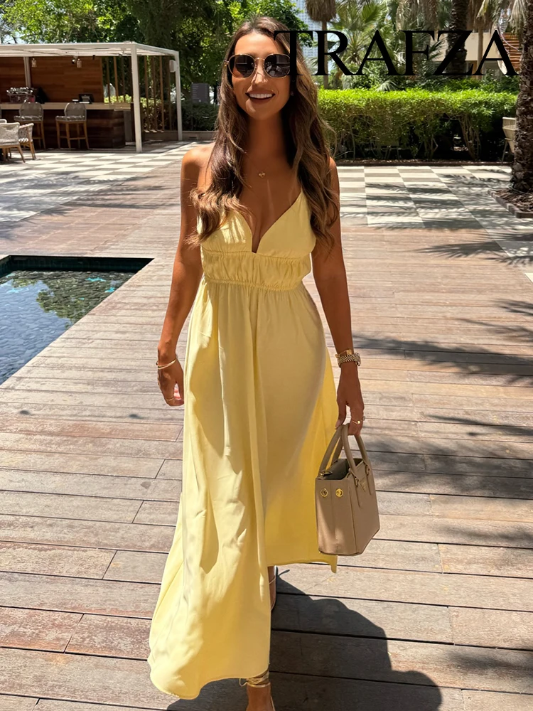 

TRAFZA Women Summer New V-Neck Sleeveless Backless Sexy Midi Dress Female Elegant Wrinkles Design Sling Dress Beach Party Dress