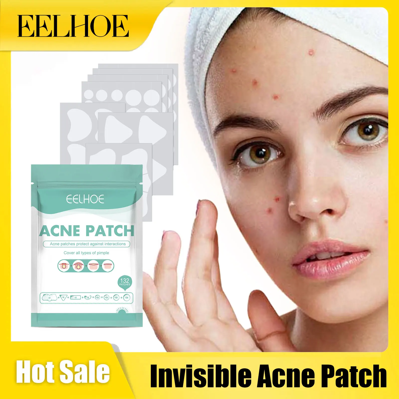 

Eelhoe Invisible Acne Patch Non-irritating Remove Pimple Skin Care Stickers Makeup Tools Waterproof Acne Treatment Patch 132PCS