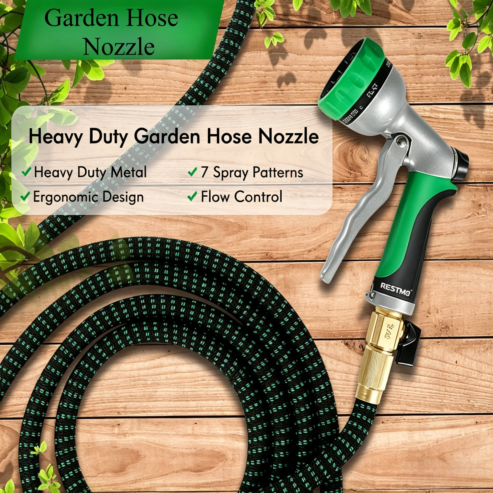 Garden Hose Nozzle Anti-Slip Grip 7 Spray Mode Adjustable Water Gun for Watering Flower Washing Car Bathing Pet&Outdoor Cleaning