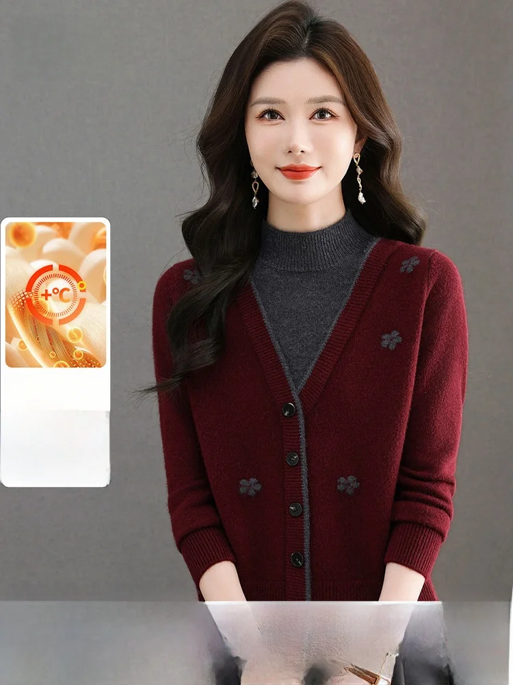 

Casual Knitted Long Sve Women's Base Layer Sweater Fake Two-Piece Sle Spring Faionable Anti-Aging Soft Polyester Blend