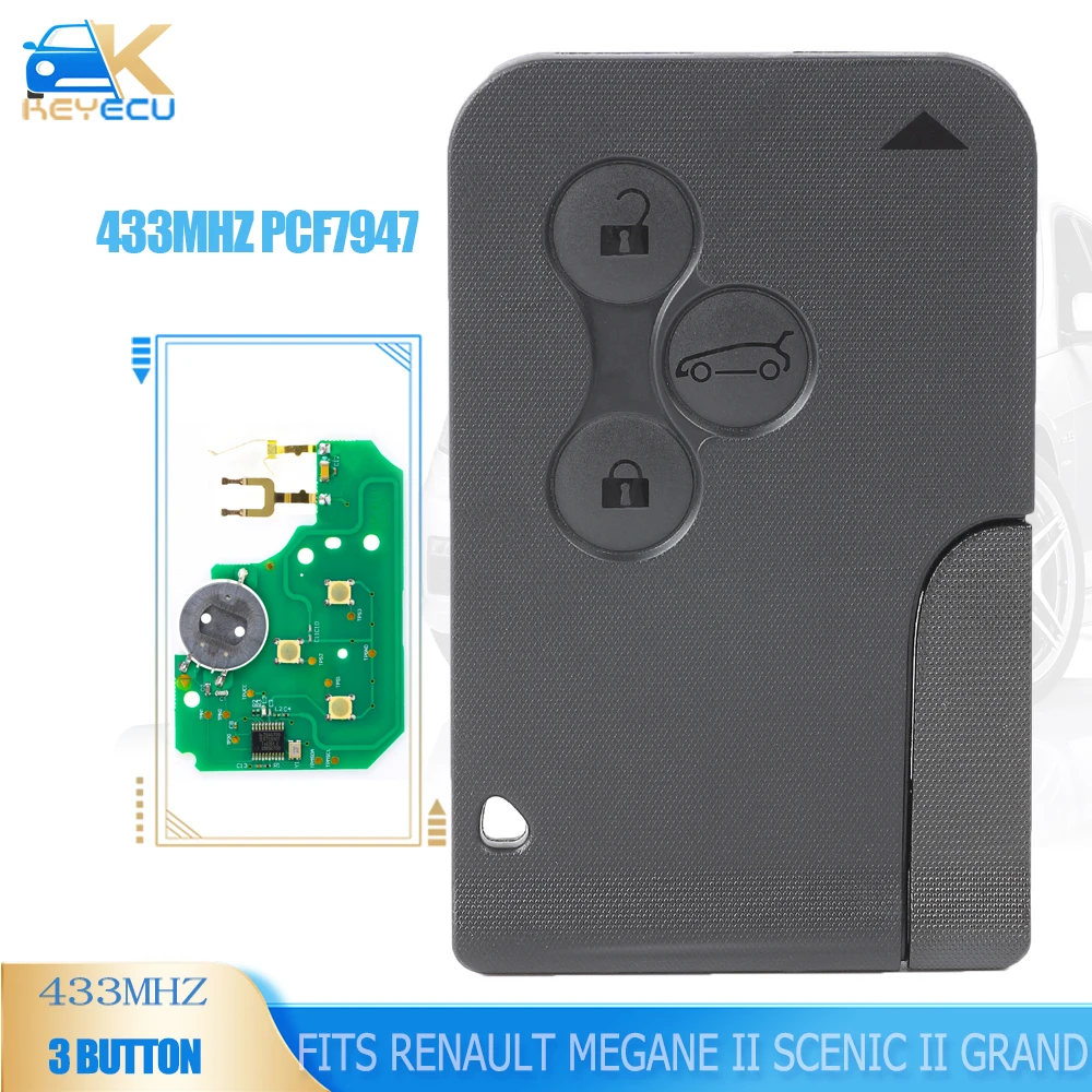 

KEYECU Smart Key Card for Renault Megane II Scenic II Grand Scenic 2003-2008 433mhz PCF7947 Chip ID46 3 Button Remote