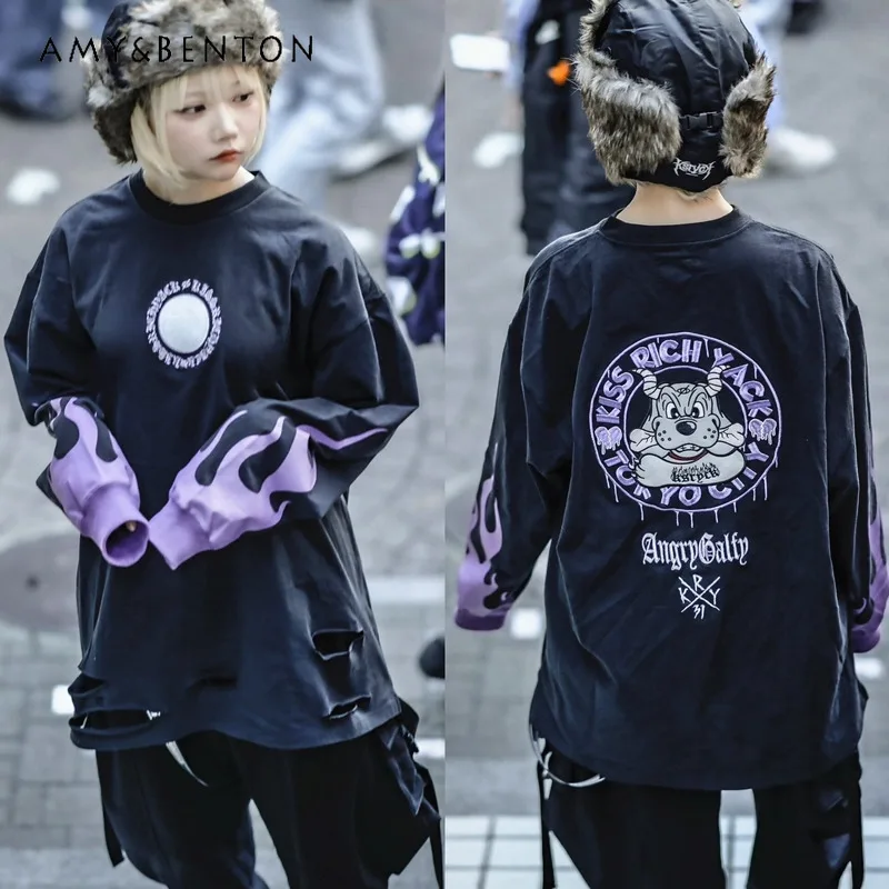 

Japanese Harajuku Subculture Cartoon Embroidery Patchwork Long Sleeve Round Neck T-Shirt Goth Punk Style Dark Girl Oversized Top
