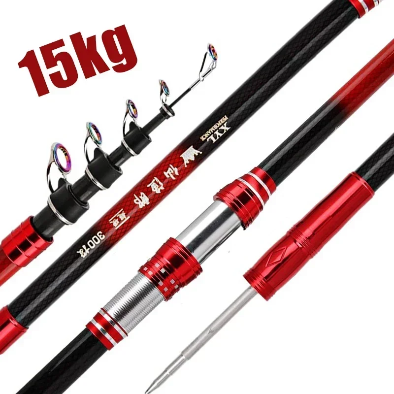 2.1M-4.5M Telescopic Fishing Rod 15kg Carbon Spinning Fishing Pole Boat Saltwater and Freshwater Surfcasting Baitcasting Rod