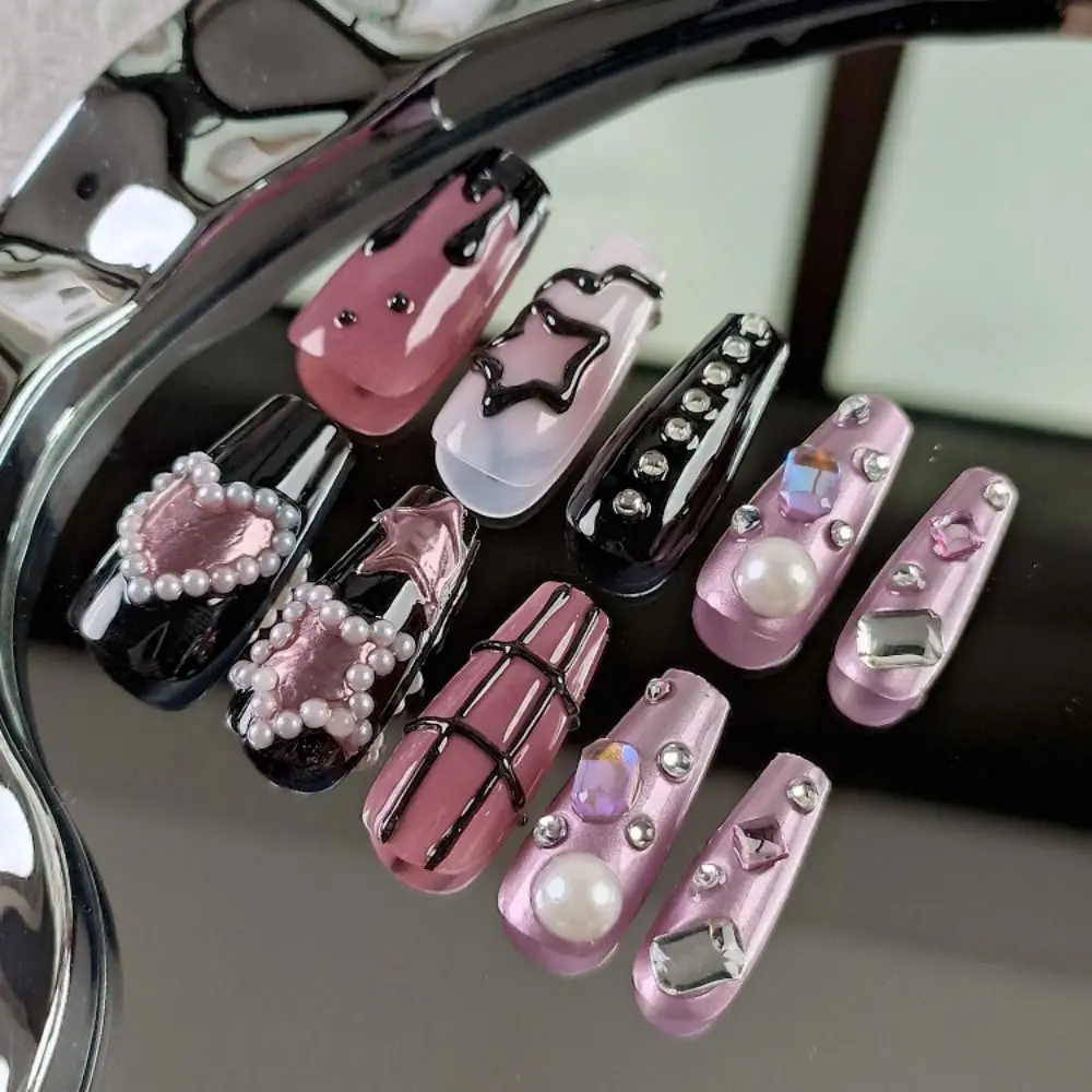 Novo longo bailarina e quadrado unhas falsas francês olho de gato dicas de unhas ouro borda vermelha glitter imprensa em unhas diy