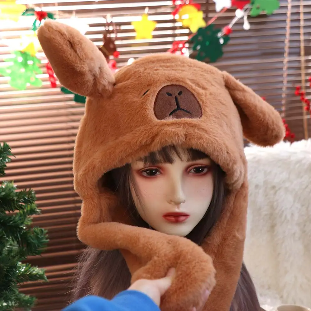 Cartoon Capybara Jumping Up Cap Fluffy Ear Moving Hat Warm Soft Hat Birthday Gifts
