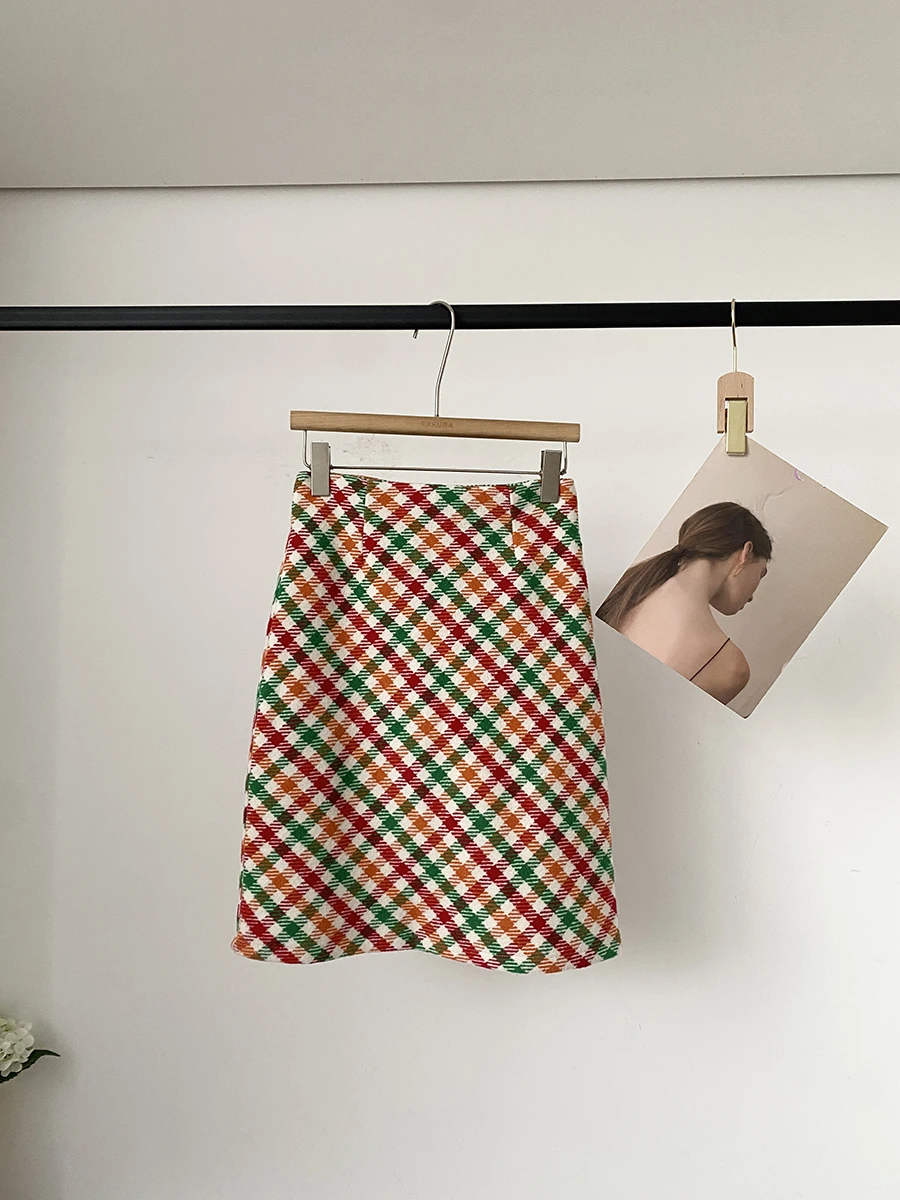 

Retro Plaid A-Line Midi Skirt Women's High Waist Slimming Color Block Commuter Skirt Spring Season Korean Style Polyester Fiber