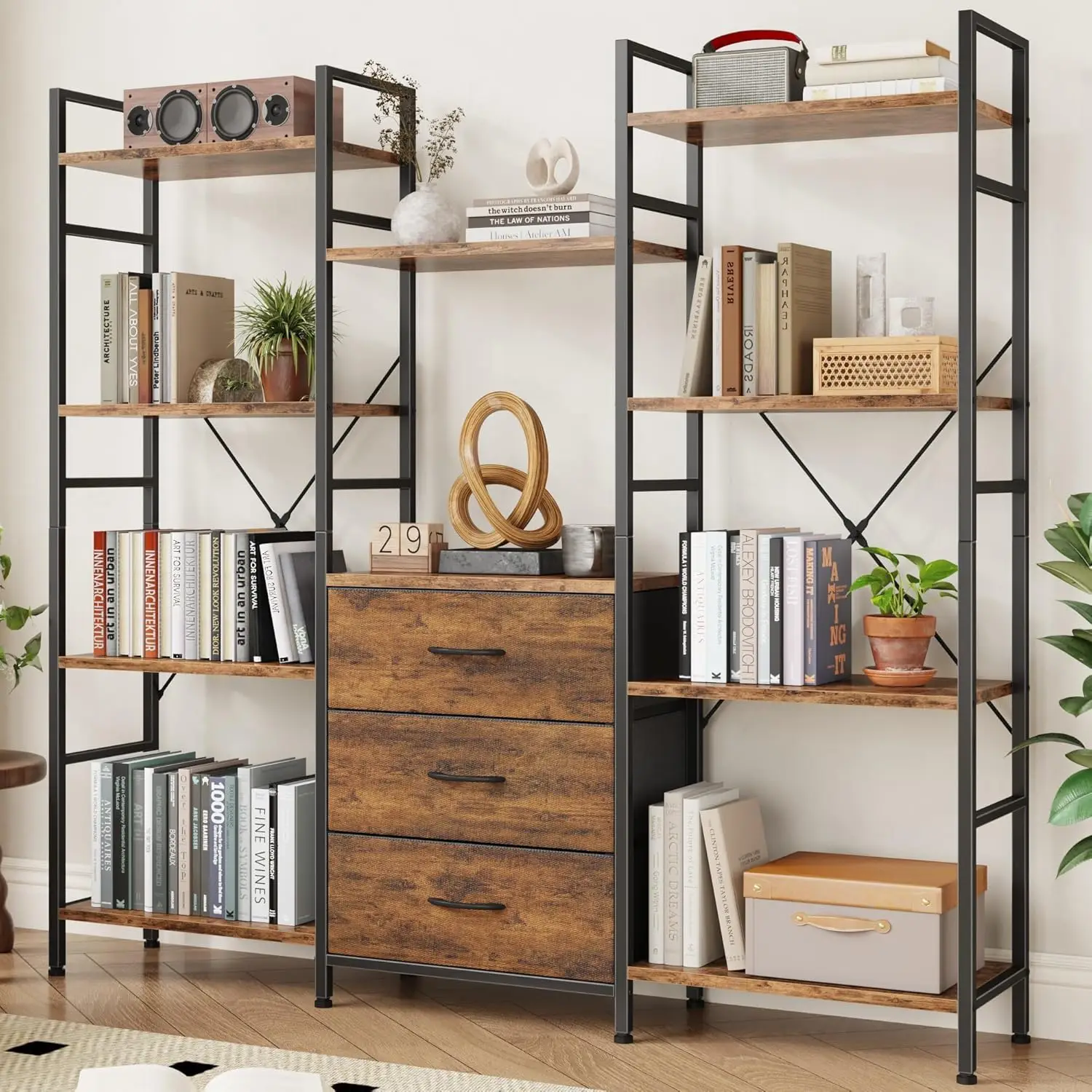 kshelf with 3 Drawers, Wide 4-Tier Book Shelf and 10 Display Shelves, Industrial Large Bookcase for Home & Office, Rustic Brown