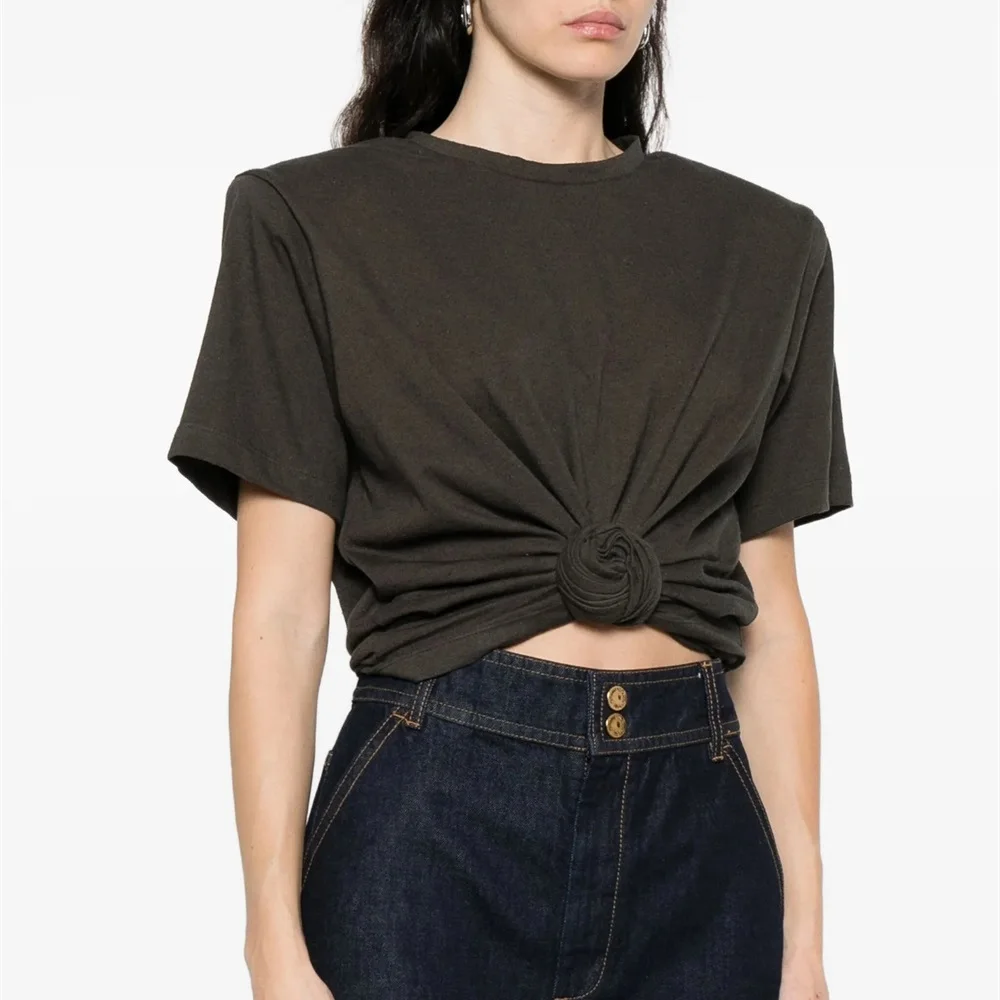 

2026 Women's Top T-shirt, Pure Cotton, Round Neck, Shoulder Pads, Women's Clothing, Shirt, Y2K New Fashion Party Pullover bra