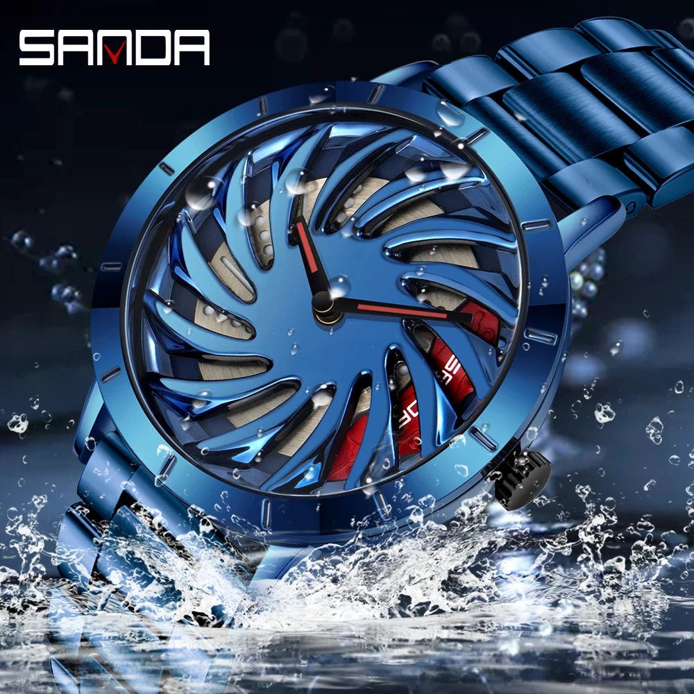 Fashion Sanda Top Brand Hot Sell Stainless Men Watch Waterproof Sport Racing Car Rim Wheel Rotating Dial Clock Relogio Masculino