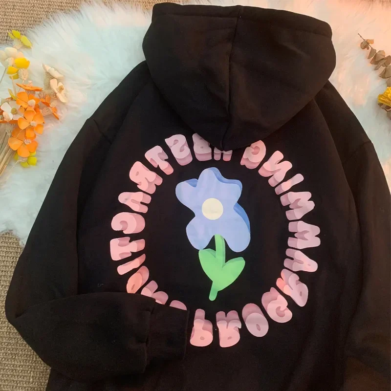 Autumn Flower Print Hoodies Women Streetwear Sleeve Female Sweatshirt Loose Fleece Ladies Y2k Winter Clothes Women Korean Style