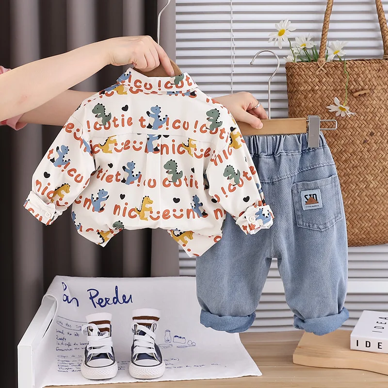 Autumn Boys Dinosaur Print Suit Set Korean Style 3-Piece Outfit with Letter Shirt&T Shirt &Jeans Casual Clothes for Kids 5