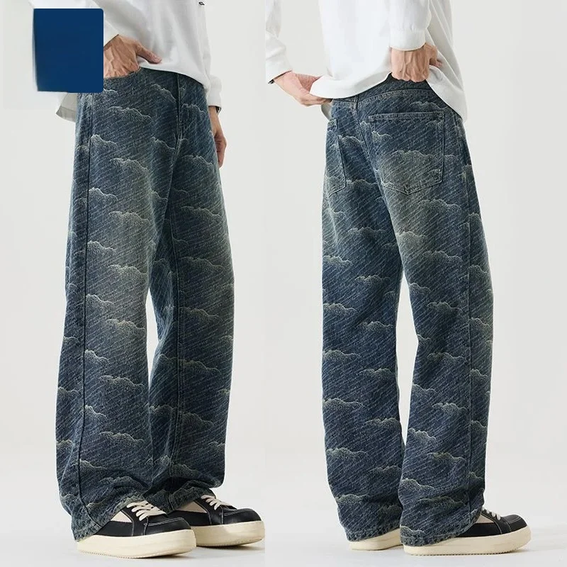 

Мужские джинсы в стиле ретро, свободные прямые брюки с волнообразным узором, модные городские повседневные брюки из хлопка