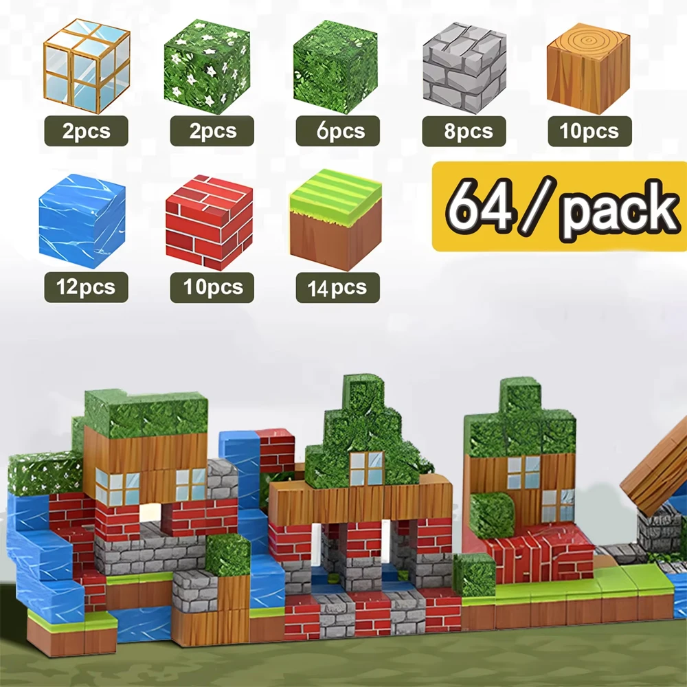 Magnetic Cubes-Build Mine,64pcs, Magnetic Blocks with Animals,  Sensory Toys for Boys & Girls, Mine World, Boys and Girls 4-6