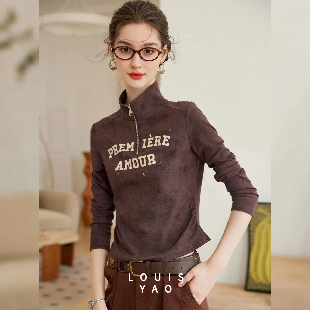 

LOUISYAO American Retro Long Sleeve Tees 2025 Autumn Tops Letter Embroidered Stand Up Collar Casual Women's T-shirt