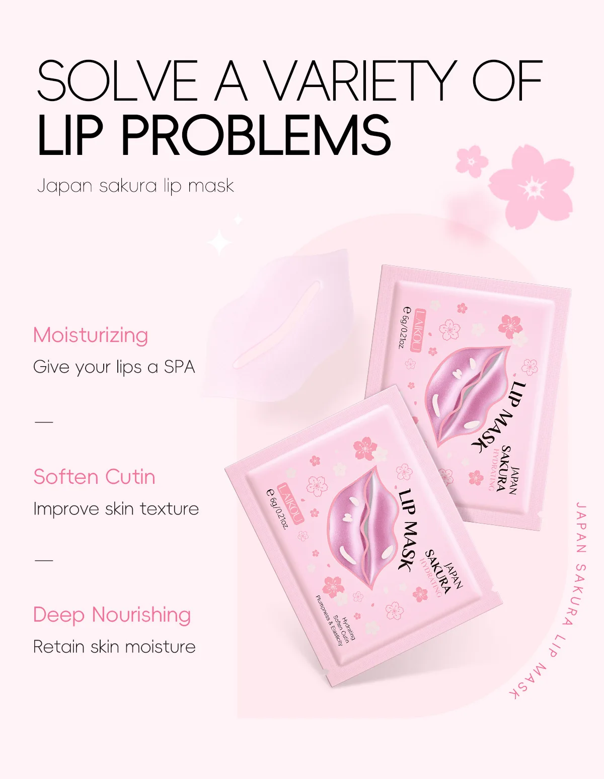 LAIKOU Elastic Tender Cherry Blossom Lip Mask Care Moisturizing Deep Nourishing Reduce Fine Lines Remove Dead Skin Desiccation