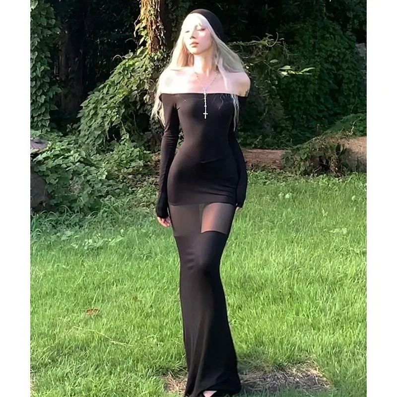 レディース ブラック オフショルダー マキシドレス - メッシュカットアウト ボディコン ゴシックドレス Y2K ストリートウェア 秋 パーティー スリムフィット ロングドレス