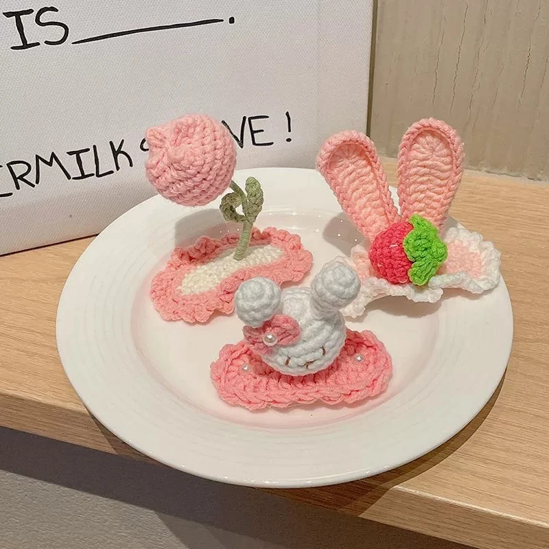 لطيف محبوك بوبي دبوس الشعر للفتيات إكسسوارات الشعر الأطفال اليدوية الكروشيه المشابك الكرتون لطيف أرنب دبابيس الشعر للأطفال