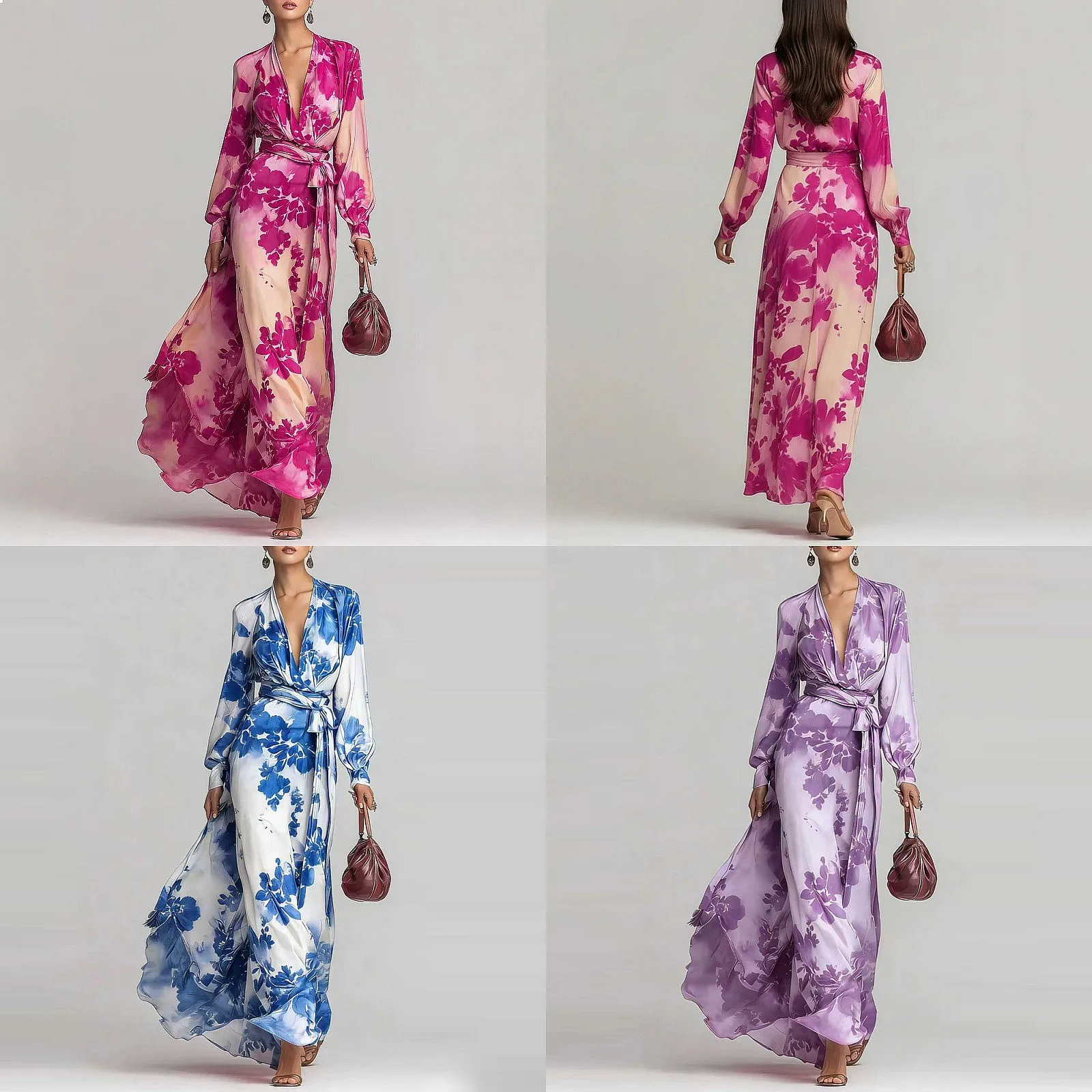 

Long Dress Printed Long Sleeve V Neck Tie Dresses Spring Summer Elegant Casual Maxi Dresses