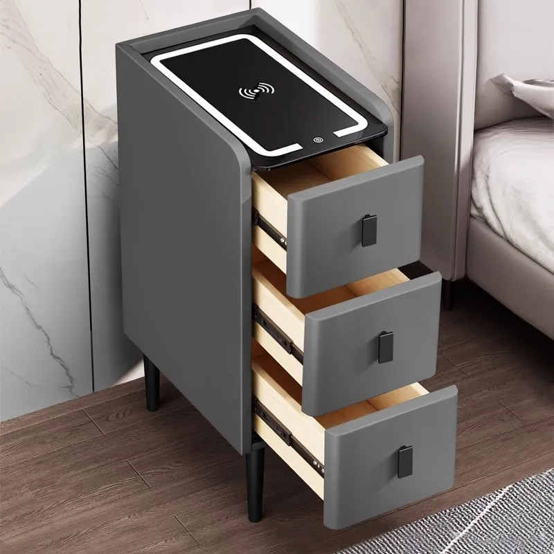 Intelligent Wooden Super Narrow Bedside Table with Wireless Charging Modern Faux Leather Nightstands Storage Cabinet with Lock