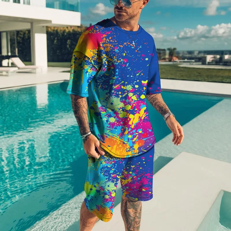 Summer Men Outfits Color 3D Printed Sport Short Sleeve Suits Hip Hop Casual 2 Piece T Shirt+Shorts Fashion Male Tracksuit Set