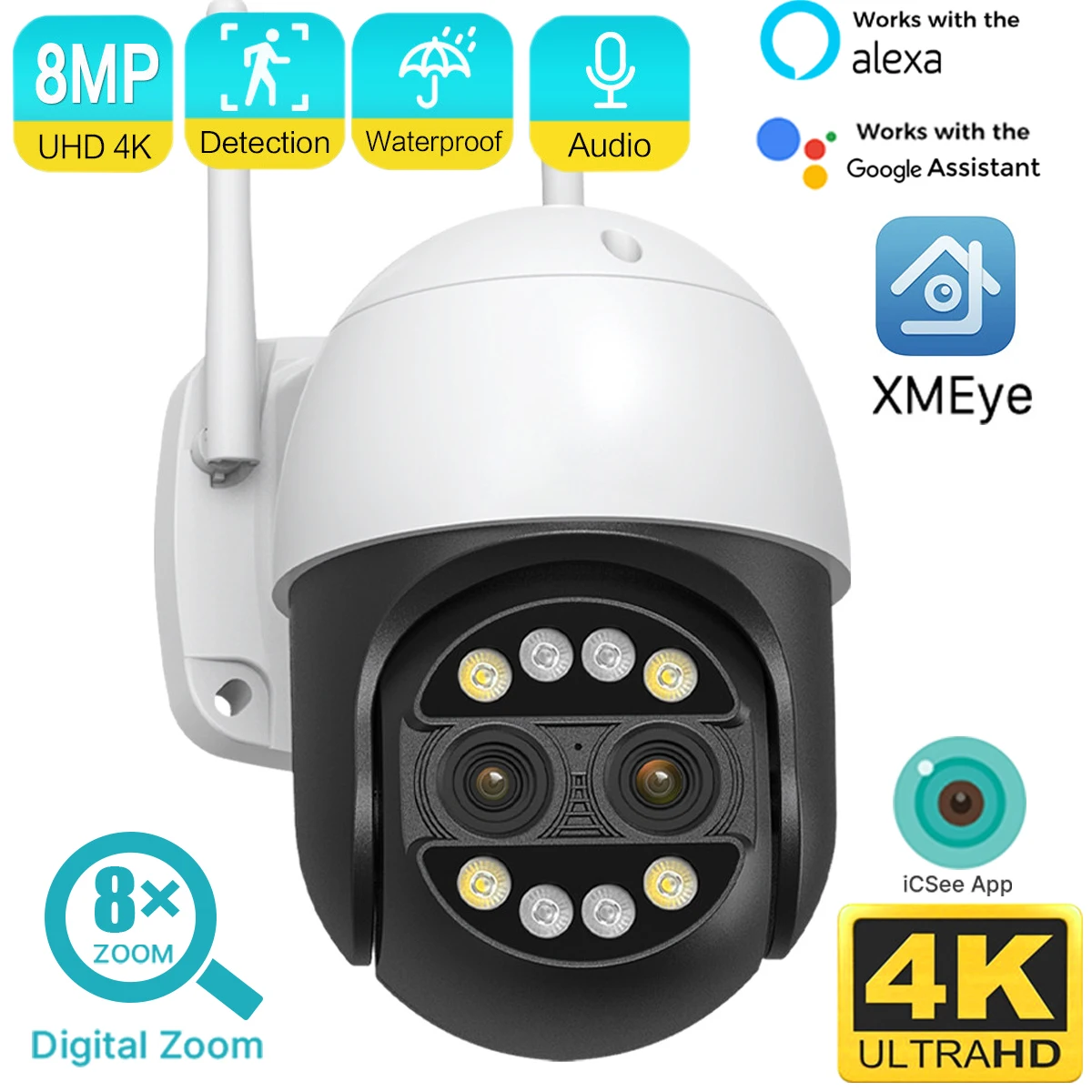 

8MP WiFi PTZ Camera Dual Lens Night Vision Human Detection 8X Digital Zoom CCTV Video Surveillance Camera 4K Security IP Camera