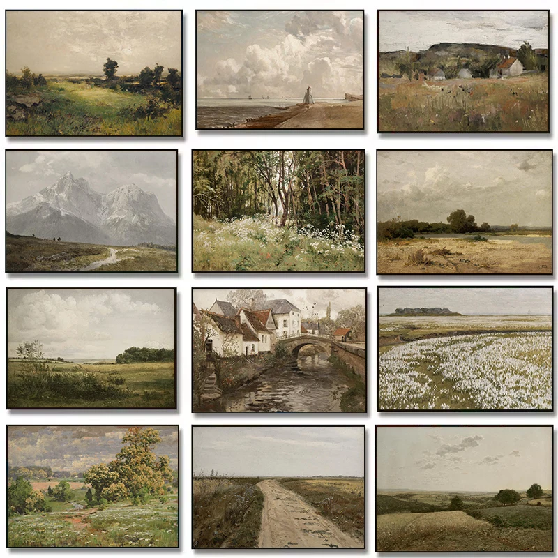 Antique Rustic Spring Landscape Mountain Meadow Field Country Poster Canvas Painting Wall Art Pictures Home Farmhouse Decor