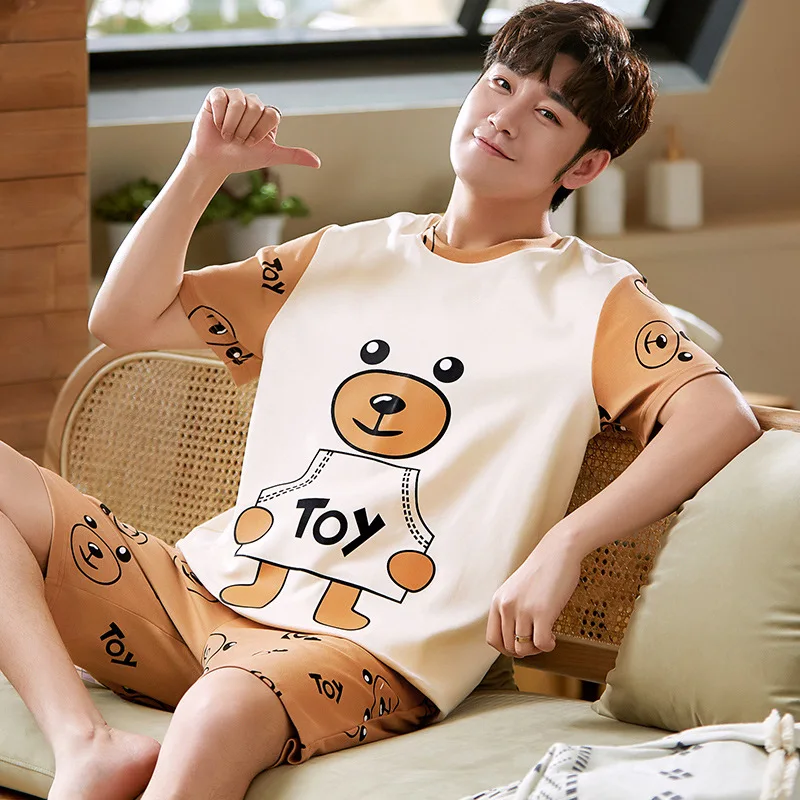 طقم بيجامات رجالي قطن صيفي بأكمام قصيرة تي شيرت مع شورت نمط فضفاض غير رسمي بيجامات منزلية للرجال طقم بيجامات للرجال #4