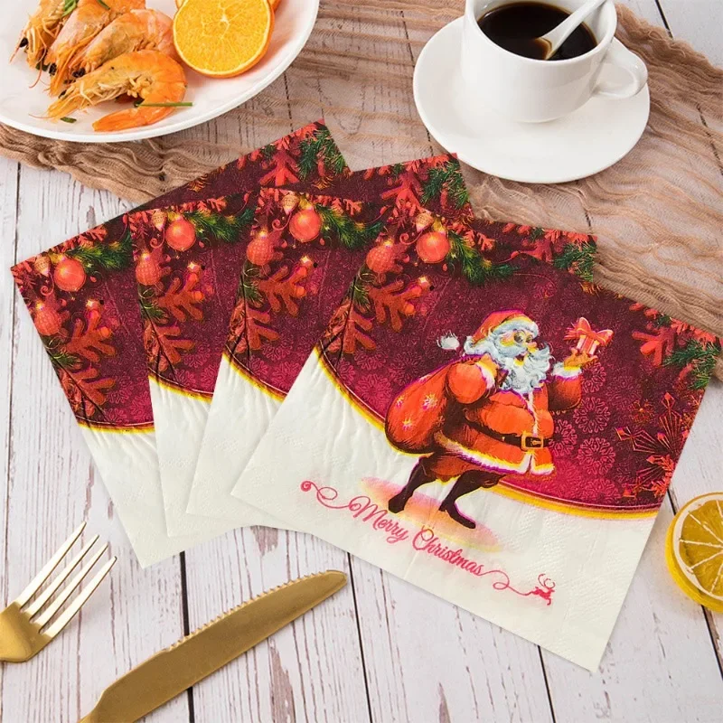 

20 шт., 33*33 см, 2-слойная тканевая сумка Санта-Клауса, красочная печатная бумага, подставка для столовых приборов, украшение для вечеринки, салфетка, натуральная древесная целлюлоза, бумага, акция