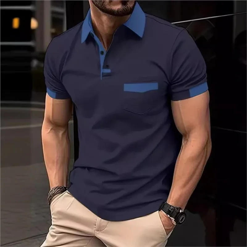 Summer Men's multi-color pocket T-shirt Fashionable Casual Fitted Golf POLO shirt High-quality Male Lapel sports Pullover shirt