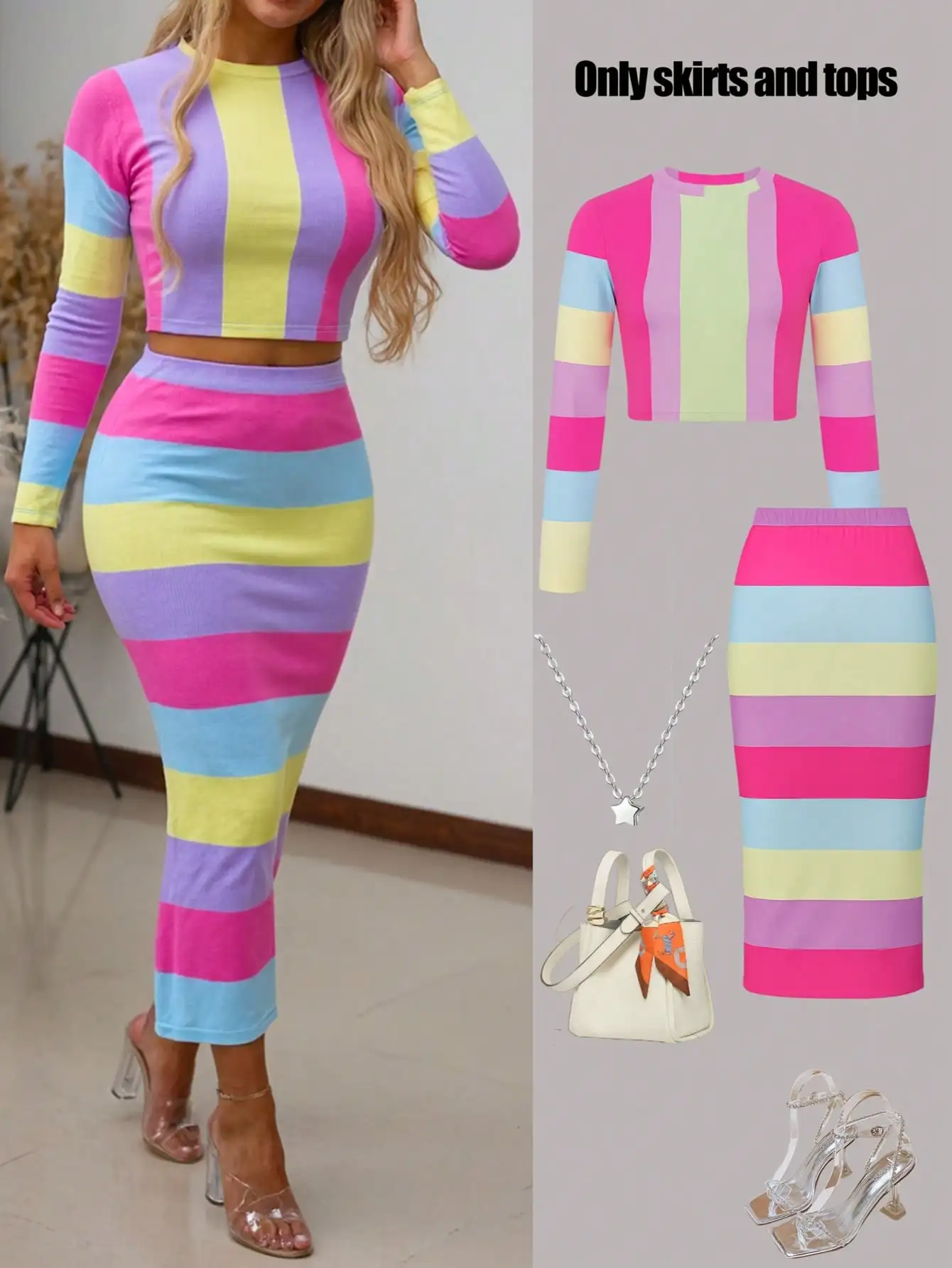 

Женский комплект из двух предметов в разноцветную полоску: укороченный топ с длинным рукавом и облегающая юбка миди, стиль Y2K