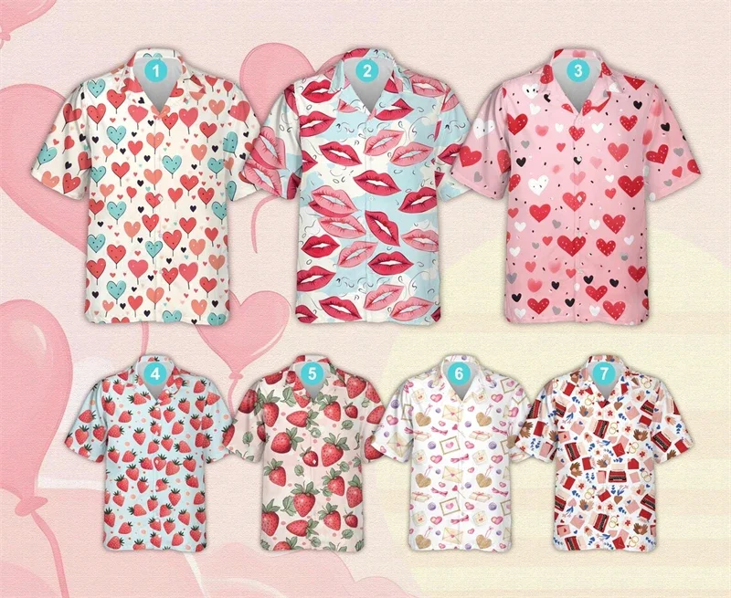 Pink Sweet Heart 3D Print Summer Casual Hawaiian Shirt Men Women Strawberry Red Lips Design Full Pattern Short Sleeve Shirts