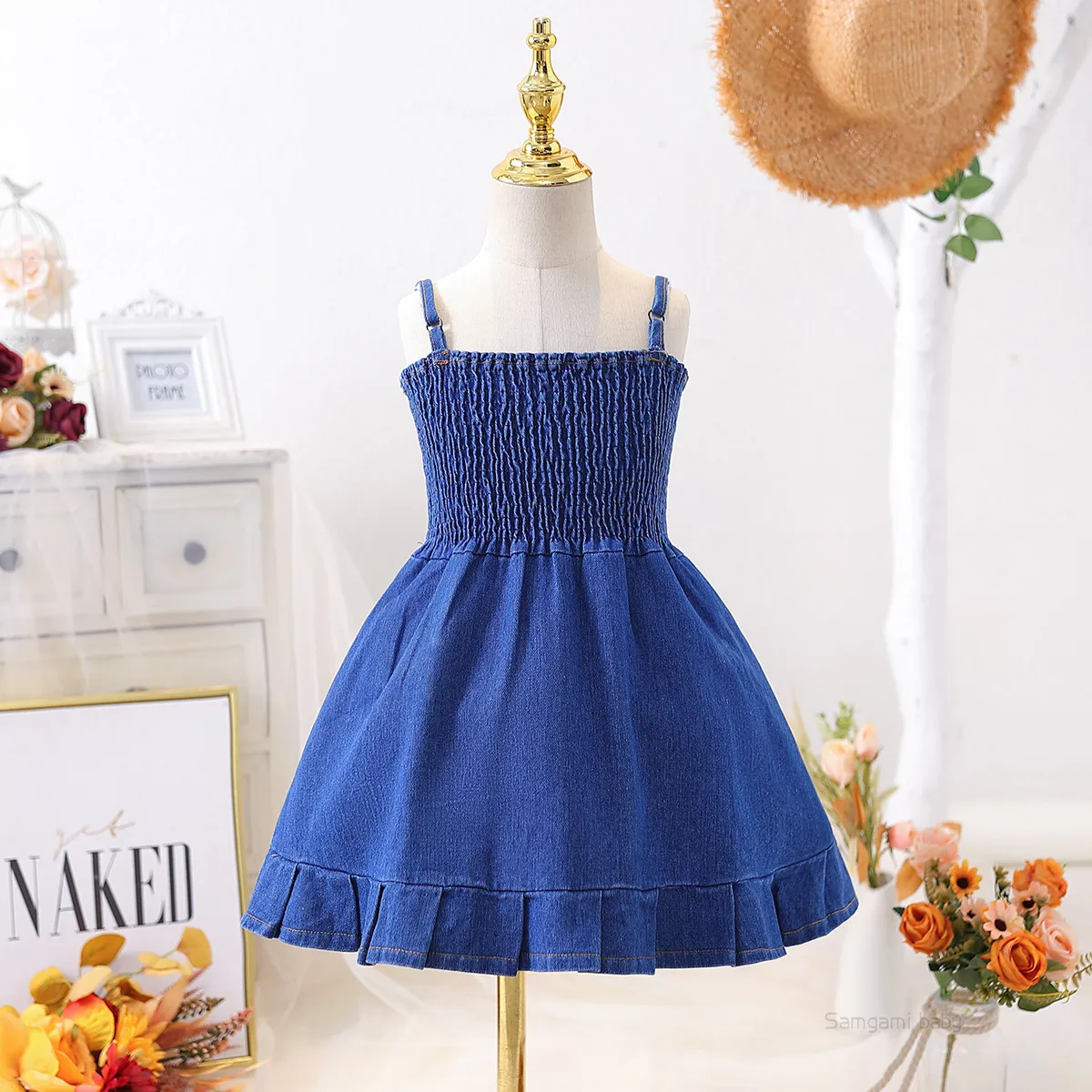 Baby girls denim skirt all-match dress puff sleeve summer children\'s skirt party short dress outfit