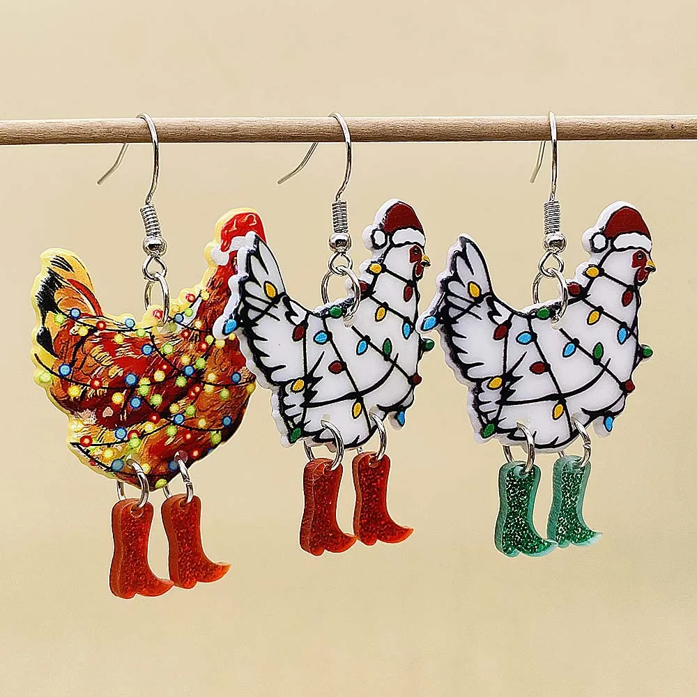 Christmas Hats Rooster Colored Lights Acrylic Earrings Creative Christmas Earrings for Women Fashion Jewelry New Year Gift