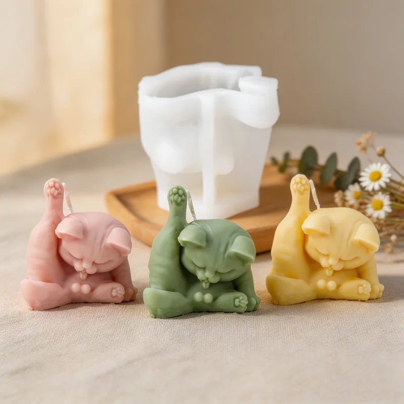 3D Cute Cat Silicone Candle Mold, Pink Kitten Tail Up Wax Mould DIY Resin