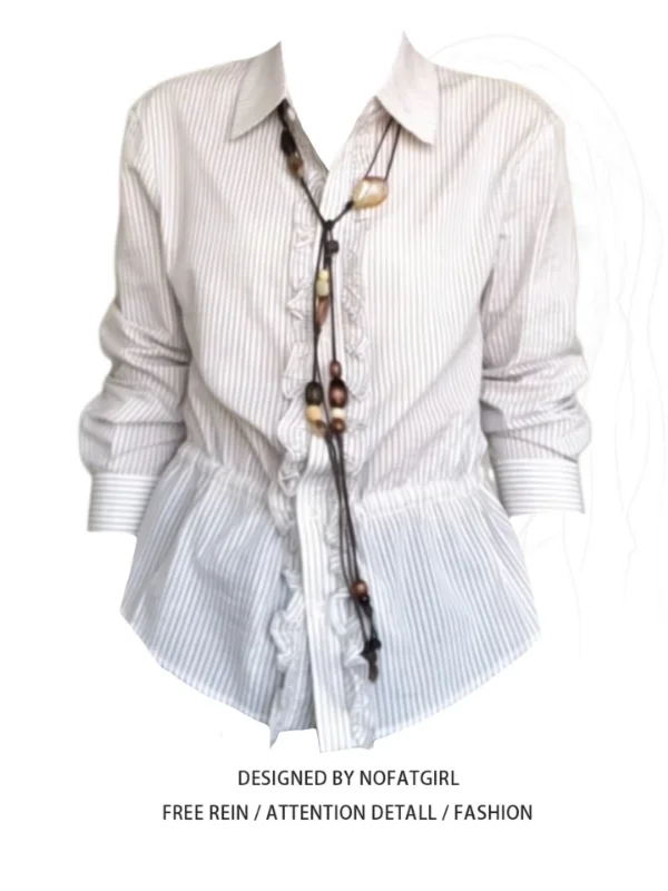 

plus Size Women's Vintage Ruffle Long Sleeve Shirt Beautiful Unique Top Korean Style Gathered Waist Polyester Fiber Breathable