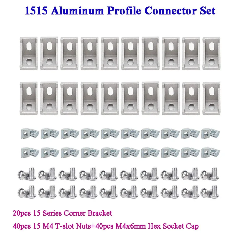 

100PCS 1515 Aluminum Profile Connector Set: 20pcs 15 Series Corner Bracket+40pcs 15 M4 T-slot Nuts+40pcs M4x6mm Hex Socket Cap