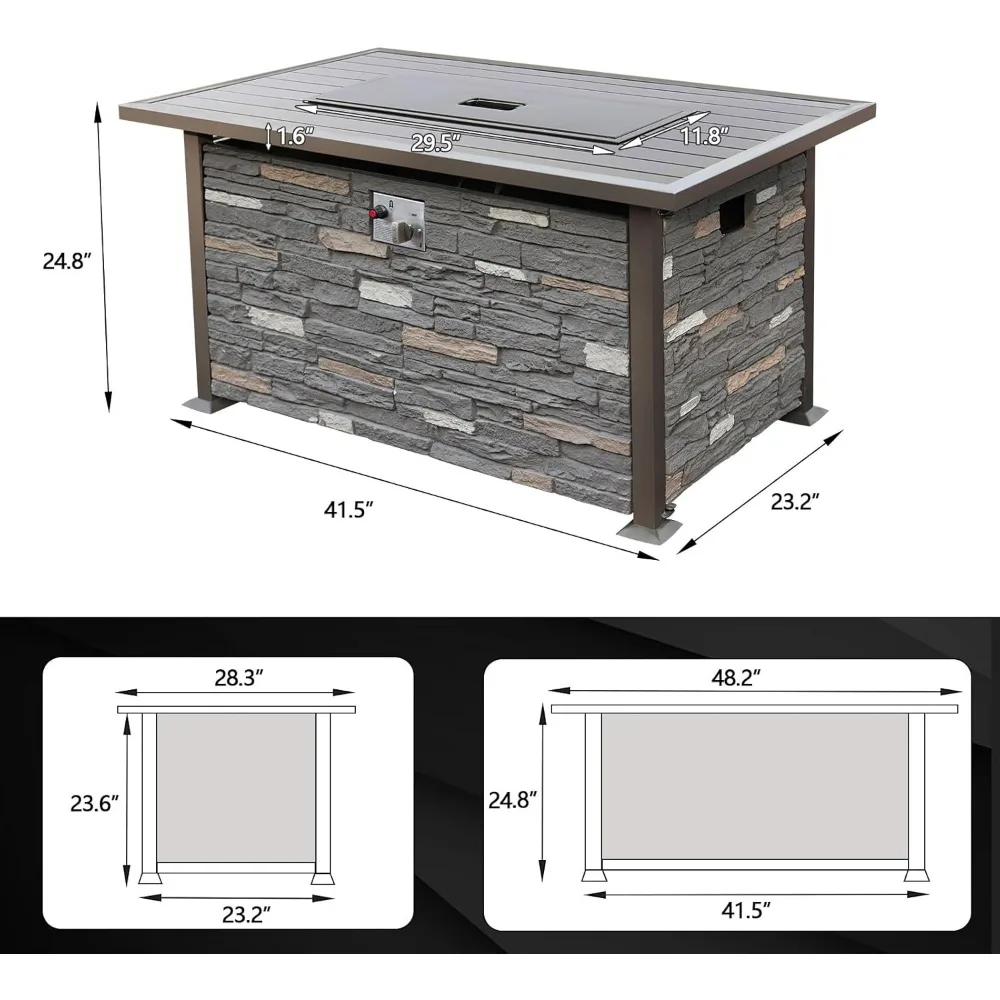 48 INCH Propane Fire Pit Outdoor Fire Table w/Faux Ledgestone Base, 50,000 BTU Gas Fire Pit Table w/Aluminum Table Top