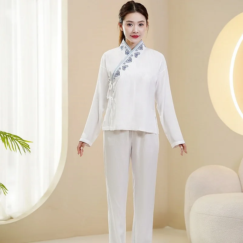 

Hanfu Women's Cross Collar Mid Length Suits Top + Pants Pure Cotton Embroidery Garment Home Meditation and Practice Sleepwear