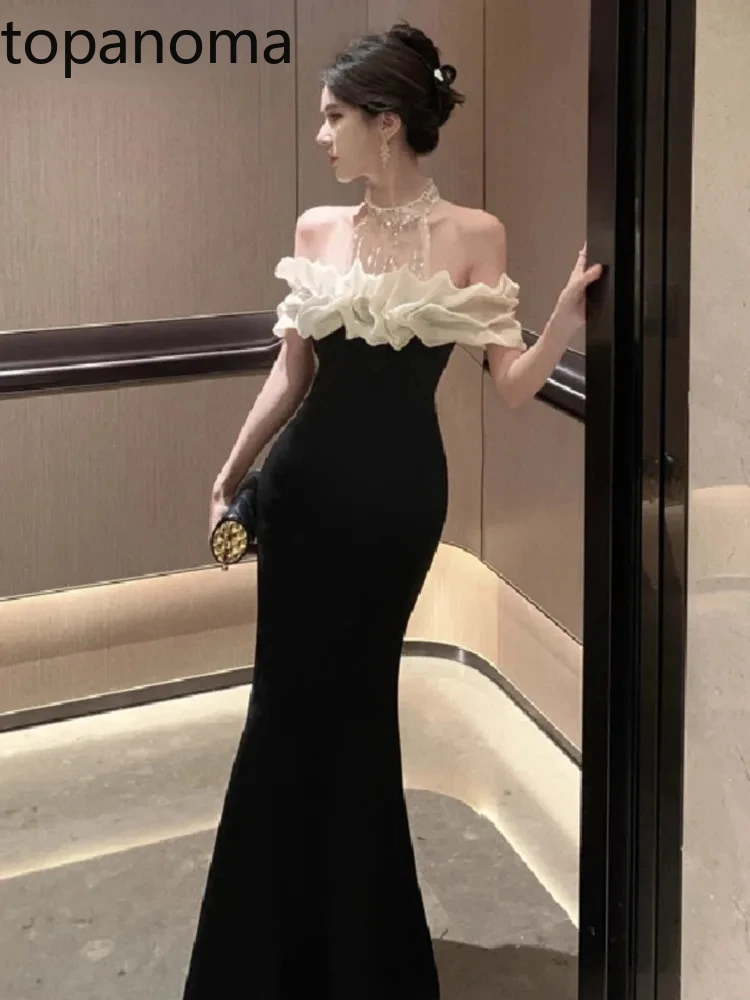 Topanoma Cocktail Evening Dresses Women Mesh Patchwork Off Shoulder Velvet Temperament Party Dress Banquet Birthday Celebrity