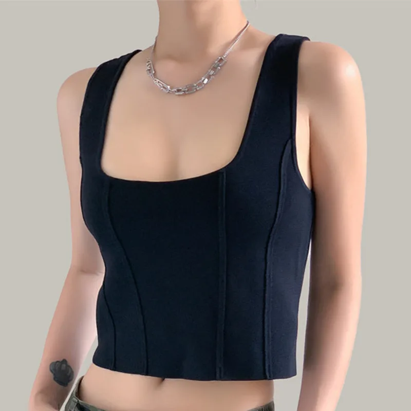 

2024 Square Collar Camisole Tank Vest For Women Fishbone Knit Base Paired With A Spicy Girl Tops & Tanks топ женский женские фут