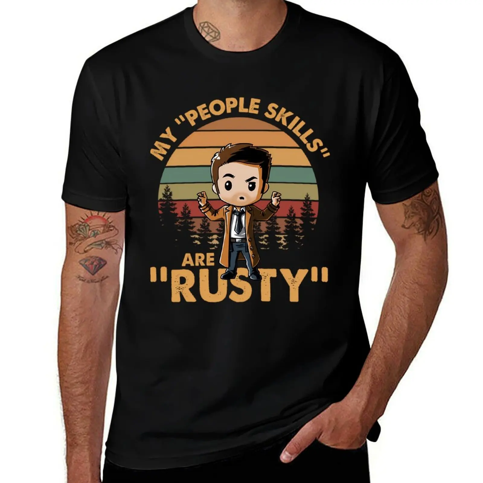 

Castiel Supernatural My People Skills Are Rusty Cartoon Vintage T-Shirt men t shirt cotton 100% T-Shirt