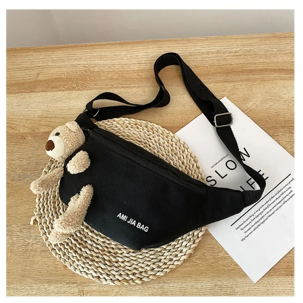 1PC Women\'s Cute Bear Waist Bag Canvas Belt Bags Designer Crossbody Chest Bag Female Solid Fanny Pack Banana Hip Purse
