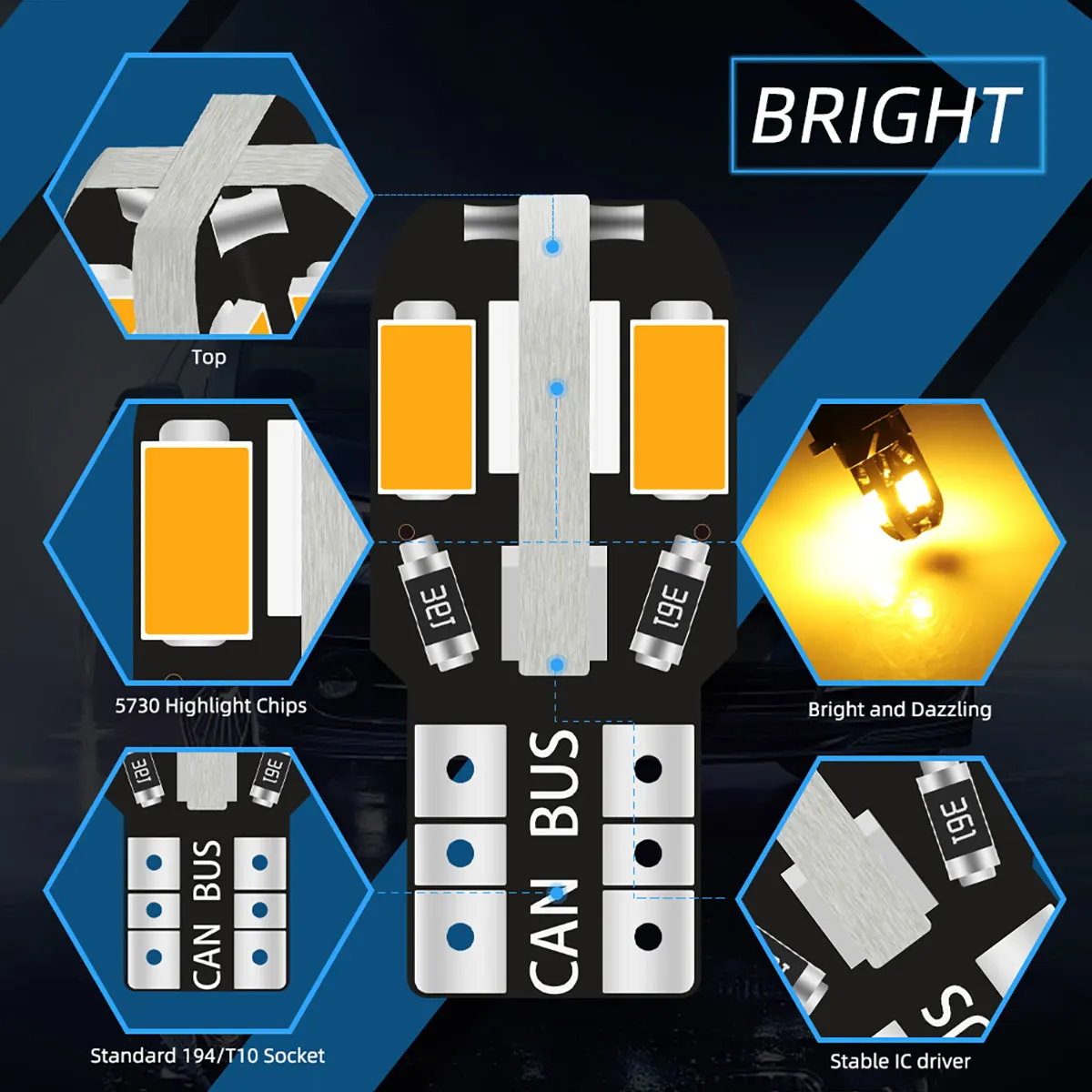 100 шт. T10 автомобильная светодиодная лампа W5W светодиодная Canbus без ошибок супер яркий салон автомобиля авто лампа белый янтарный купольный светильник для чтения